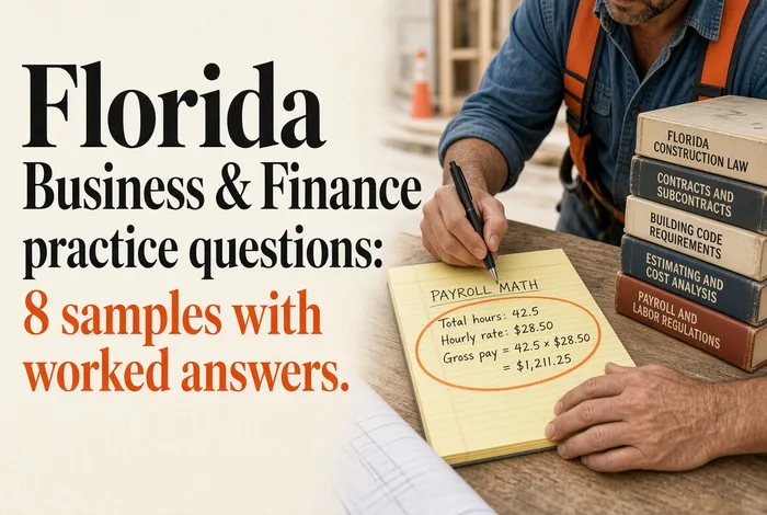 Cover for Florida Business & Finance practice questions: 8 samples with worked answers.