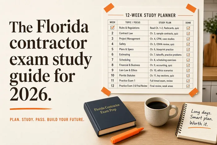 Cover for The Florida contractor exam study guide for 2026.