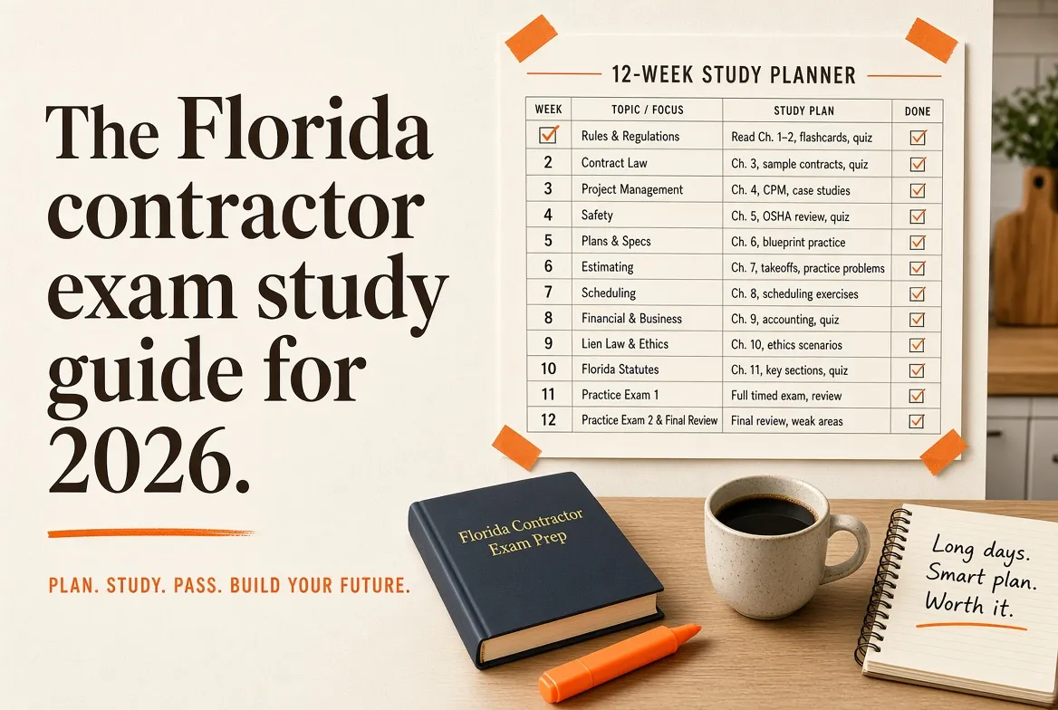 Cover for The Florida contractor exam study guide for 2026.